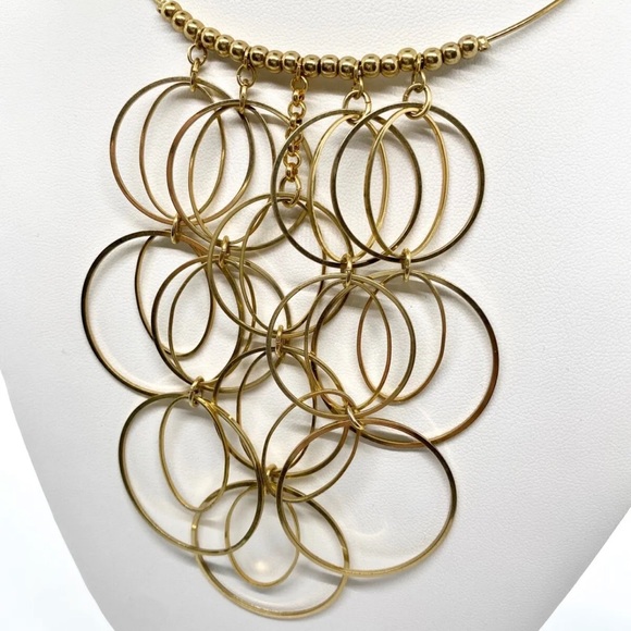 Bohemian BoHo Disco Dressy Gold Tone Chain Link Circle Loop Bib Choker Necklace - Picture 10 of 14